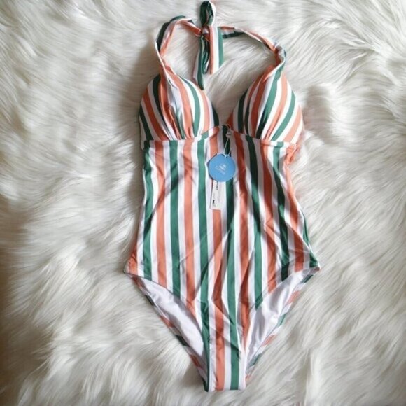 NEW White Green Orange  Stripe Halter Ruched One Piece Swimsuit Size Smll - Picture 3 of 8